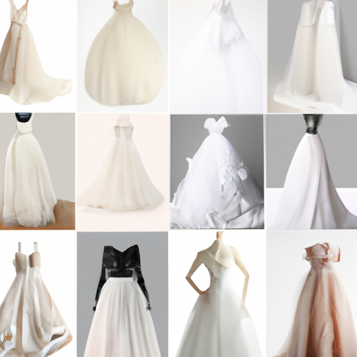תמונת קולאז' המציגה סגנונות שונים של שמלות כלה צנועות, מבוהמייני ועד קלאסי.