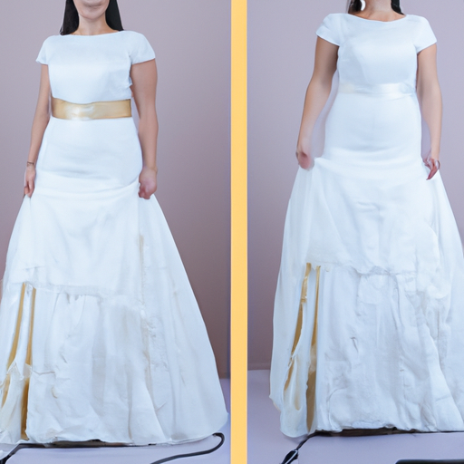 תמונת לפני ואחרי של שמלת כלה צנועה בהתאמה אישית.