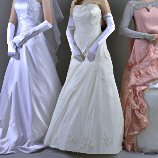 תמונה המתארת מגוון שמלות כלה צנועות בסגנונות וגזרות שונות.
