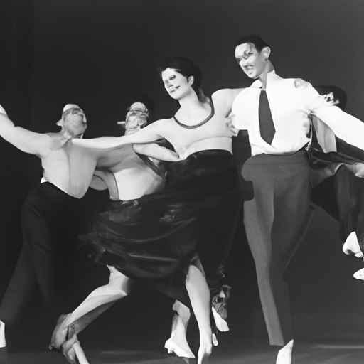 תצלום וינטג' בשחור-לבן של רקדני ג'אז מוקדמים בהופעה אנרגטית.